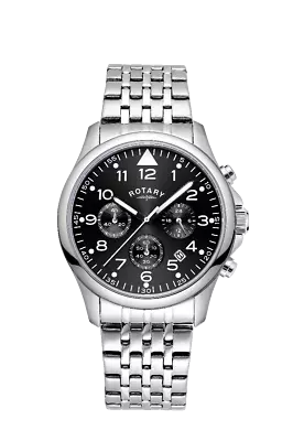 Rotary Mens Chronograph Watch With Black Dial And Silver Bracelet GB00475/19 • £119.99