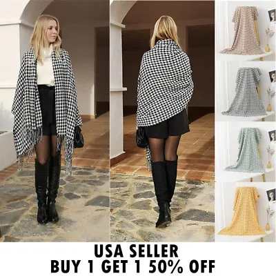 Womens 6.5ft X 2 Ft Oversized Houndstooth Blanket 100% Cashmere Wool Shawl Scarf • $12.88