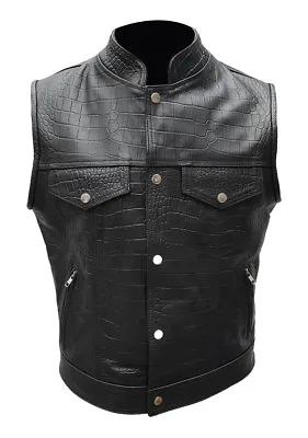 Mens Black Crocodile Print Real Leather Waistcoat Motorcycle Bikers Vest Jacket • £64.99