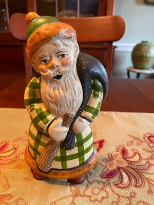 $150 • Buy 2000-34 Vaillancourt Folk Art Santa In Green Plaid Coat 7.5  Tall