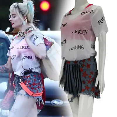 Birds Of Prey Harley Quinn Outfit Cosplay Costume Vest+Shorts+T-Shirt Pants Suit • £32.06