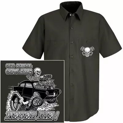 Henry J Kaiser Old School Muscle Hot Rod Outlaw Gasser Drag Car Skull Workshirt • $44.95