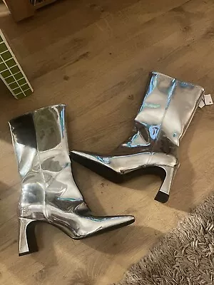 Zara Metallic Silver Calf Length Biker Heeled Boots • £25.99