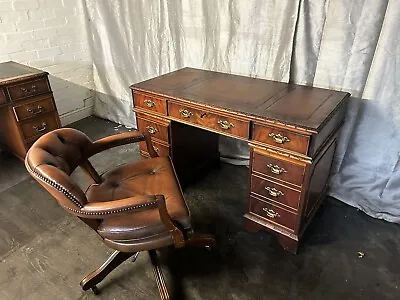 Kneehole Desk And Chesterfield Captains Chair In Yew Wood And Tan Leather • £595