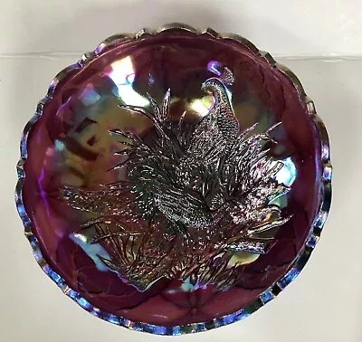 L G Wright Amethyst Peacock With Butterfly Back Carnival Glass Bowl • $67