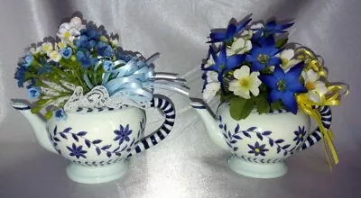 Lot (2) Blue/White/Yellow Miniature Teapot Centerpiece Floral Arrangements • $49.90