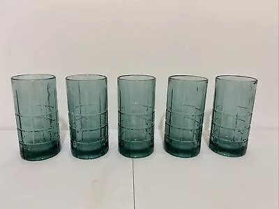 VTG Set Of 5 Anchor Hocking Drink Glasses Tartan Green/Aqua 16 Oz. 6” Tall • $29.99