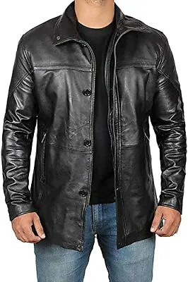 Mens Black Leather Car Coat – ¾ Length Real Leather Jacket For Men • $59.99