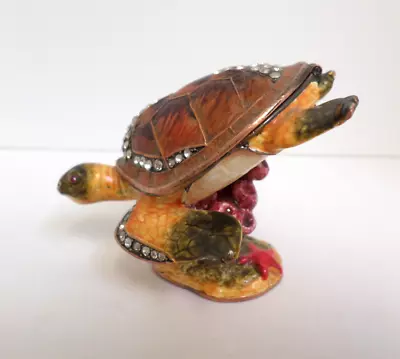 Diving Sea Turtle Trinket Keepsake Box Jeweled Crystal Pewter With Copper Shell • $24.99