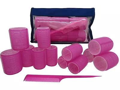 Hair Rollers Set 12 Pink Jumbo Curl Cling Hair Curlers 50mm 42mm  Comb & Case • £7.49