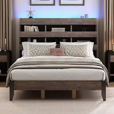 Mid Century Modern Queen Bed Frame W/ Bookshelf LED Lights & USB Walnut/Black • $457.14