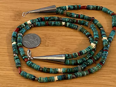 Vintage Hand Made Kewa Santo Domingo Turquoise Coral Bench Bead Heishi Necklace • $48