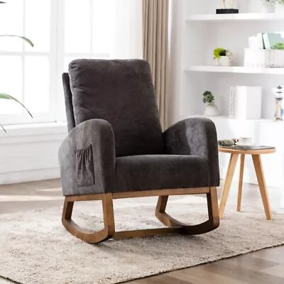 Dark Gray Grey Upholstered Rocking Chair Rocker Solid Wood Frame Padded Glider • $254.90