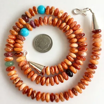 Multi-color Spiny Oyster Rounded Shell Necklace 18in Beads Sterling Silver 8mm • $59