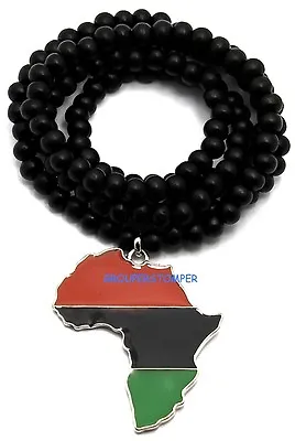 Africa Map Jamaican Pendant Necklace With 31 Inch Long Wood Bead Style Chain • $15.95