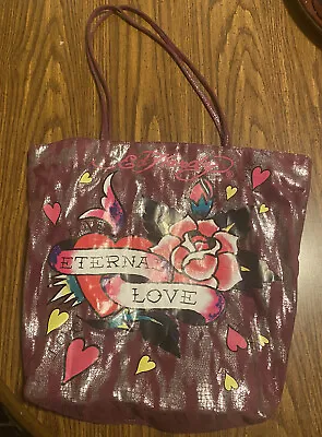 $18 • Buy Ed Hardy Eternal Love Tote Bag Purple Silver Tattoo Heart Flower Unique