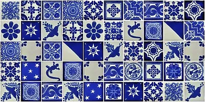 25 2x2  Mexican Decorative Tiles  Clay Blue & White Desings Folk Art • $37.99