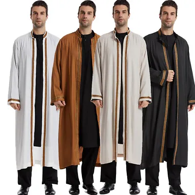 Islamic Kaftan Thobe Men Caftan Dishdasha Muslim Jubba Open Cardigan Robe Dubai • $33.88