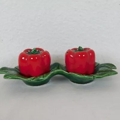 Red Bell Pepper Arcadia Ceramics Salt & Pepper Shakers W/Leaf Base Caddy FLAW • $10