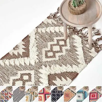 Handmade Cotton & Wool Kilim Rugs Runner Multi Coloured Geometric Diamond Carpet • £49.99