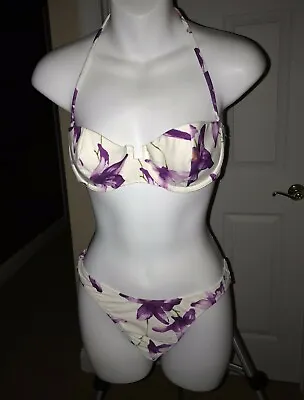 Huit White Purple Iris Floral Print Underwire Bikini 2 Piece Swim Suit 10 12 34B • $19.99