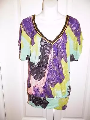 ANTHROPOLOGIE C. KEER Multi Print EMBROIDERED TRIM OVER SIZE Shirt Small • $9.99