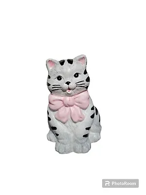 Vintage Cat Cookie Jar Gray Black Stripes With Pink Bow Cute Face  • $29.99