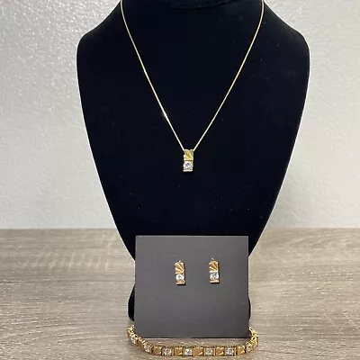 Vintage Elegant 925 Plated Gold Cubic Zirconia Necklace Earring Bracelet Set • $24.99