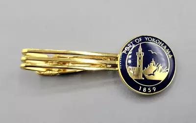 Vintage Japan Gold Tone Enamel Blue Port Of Yokohama 1859 Tie Clip Clasp Bar • $25