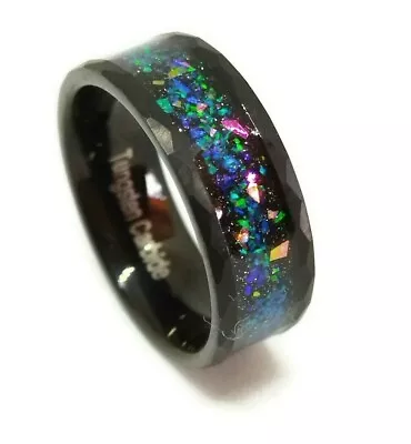 Mens Wedding Black Tungsten Carbide Ring Rainbow Opal Unique Band Hammered Edges • $30.22