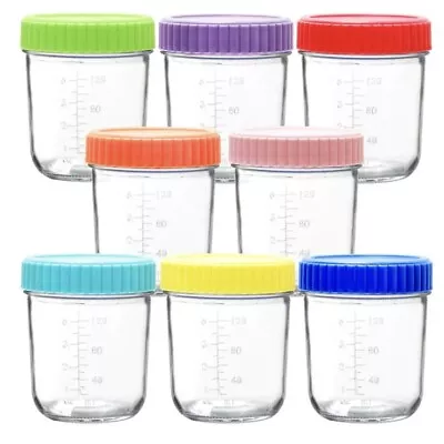 Baby Food Storage Glass Jars 8pk  Airtight 180ml / 6oz Assorted Colour Lids #396 • £21.99
