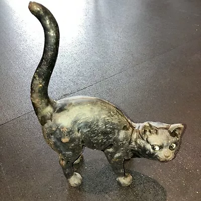 Vintage Hubley Door Stop Cast Iron Hunched Black Cat Green Eyes • $85.99