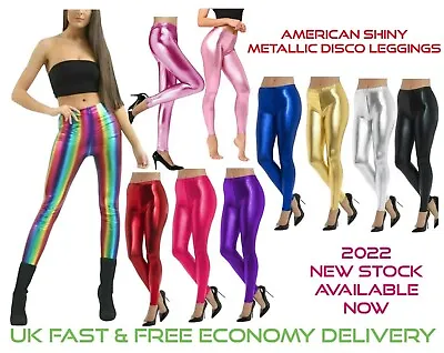 £6.95 • Buy New Womens Ladies Shiny American Metallic Disco Leggings Wet Look Stretchy Pants