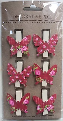 Butterfly Shaped Wooden Mini Pegs Pk Of 6 Red & Pink Floral Design. New • £2.95