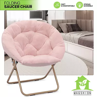 33  Foldable Soft Faux Fur Saucer Chair Pink Lazy Cozy Moon Chair W/Metal Frame • $61.99