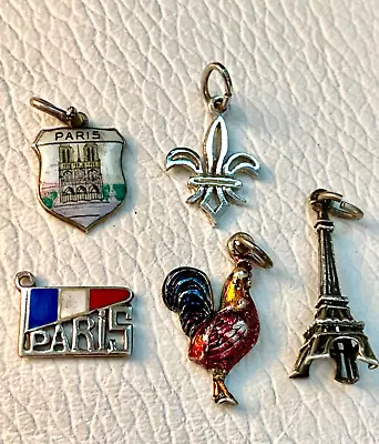 Vintage Sterling Silver Charms Eiffel Tower Enamel Paris Shield Fleur Di Lis • $69.95