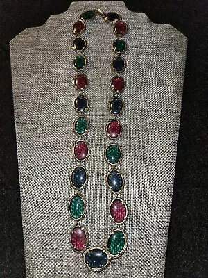 Vintage Signed Crown Trifari Renaissance Tri-color Glass Necklace • $105