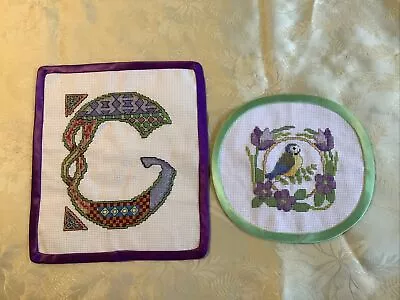 £5 • Buy 2 Finished Cross Stitch Projects Letter G. Edged In Purple. Blue Tit Edged Green