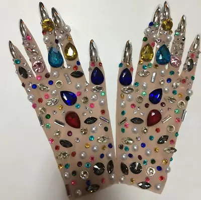 Festival Colourful Rhinestone Nude Mesh Gloves Drag Queen Fake Nails Bling Disco • $58.19