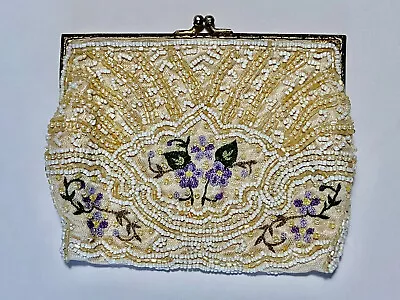 Wayne M. Kleski Embroidered Beaded Purse WKiss Lock And Purple Flowers  • $40