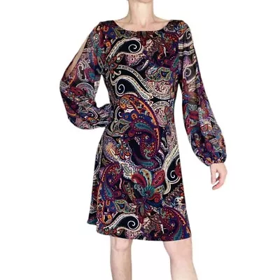 MSK Colorful Paisley Puff Sleeve Bohemian Knee-Length Dress • $19