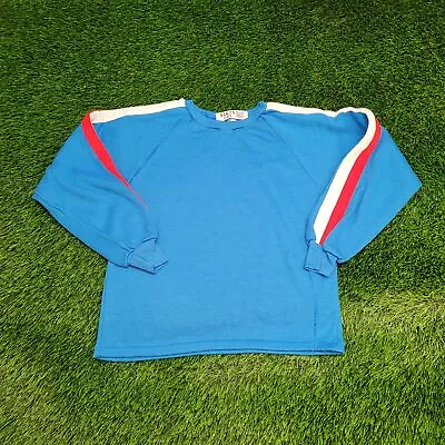 Vintage 80s MOD Blank Striped Raglan Sweatshirt Teens XL Blue Red White Trim • $38.50