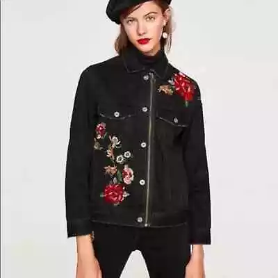 Zara Embroidered Black Floral Denim Jacket Size Medium • $42