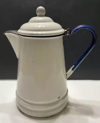 Vtg. White Granite Enamel 9  Coffee / Teapot W/ Dark Blue Handle And Trim • $10.45