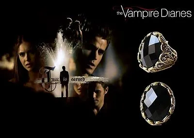 The Vampire Diaries Jeremy Elena Gilbert Black Agate Antique Gold Daylight Ring • £7.95