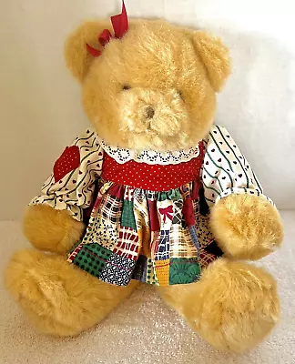 Commonwealth Toys Plush Bear Multi Colored Patchwork Dress Hearts 14 Inch • $19.99