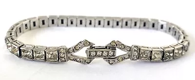 Vtg Art Deco Sterling Silver Channel Set Square Rhinestone Tennis Bracelet 7” • $8.50