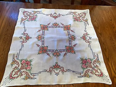 Vintage 1960s Cross-stitched Linen Tablecloth   HARP BASKET ROSES -  32  Square • $18