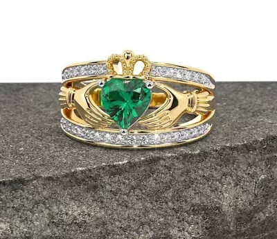 14K Yellow Gold Plated Silver Lab-Created Green Emerald Vintage Claddagh Ring • $93.49
