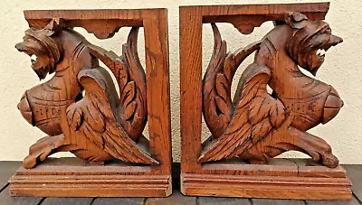 Antique PAIR French Pillars Wood Carved Gothic Griffin Dragon Lion Cabinet 19th • $649